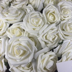 25 Ling’s Moment Artificial Foam Ivory Roses With Stems & Leaves Flowers NOB