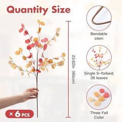 6pcs Eucalyptus Stems Fake Orange Red Autumn Leaves Artificial Silk 6pcs-orange