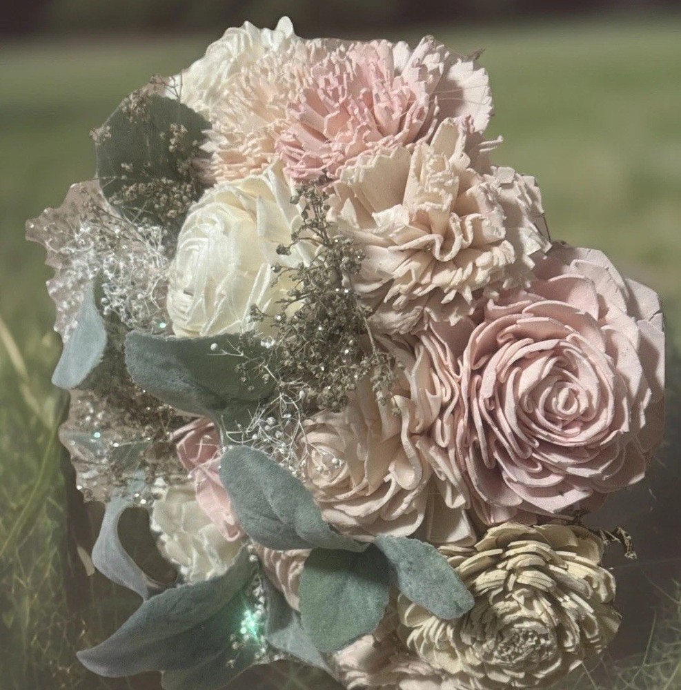 Wedding Bridal Bouquet White Roses Crystal Rhinestone Handle Elegant NEW