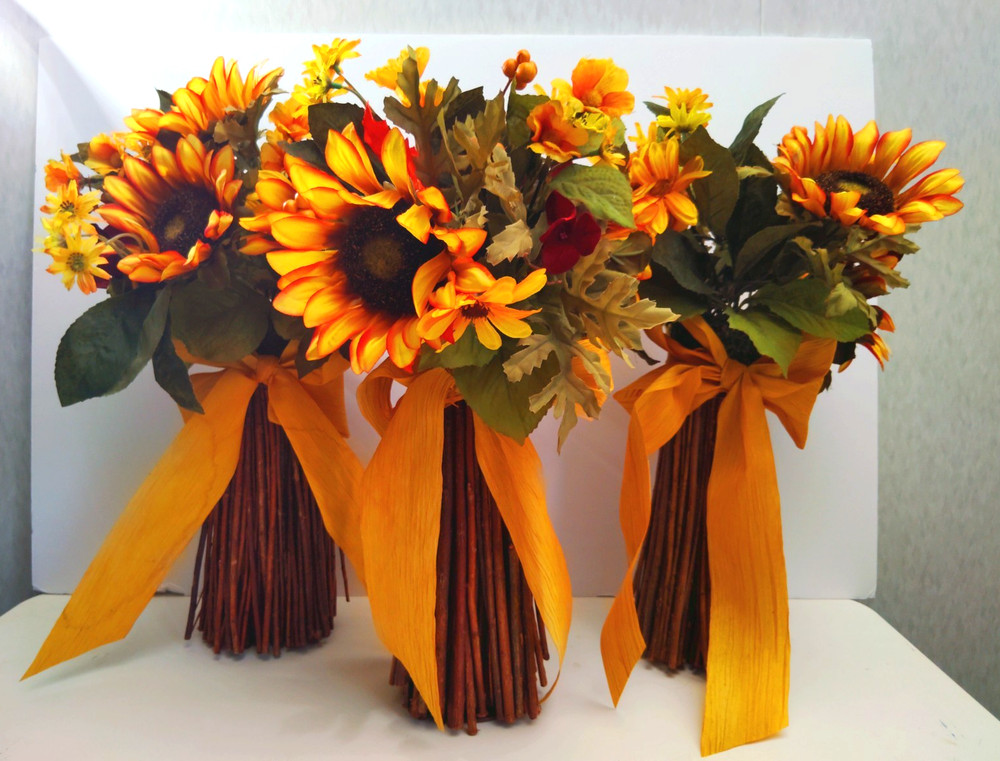 Set of 3 Bridesmaids Bouquets Fall Yellows Sunflower Foliage Faux Flower Bouquet