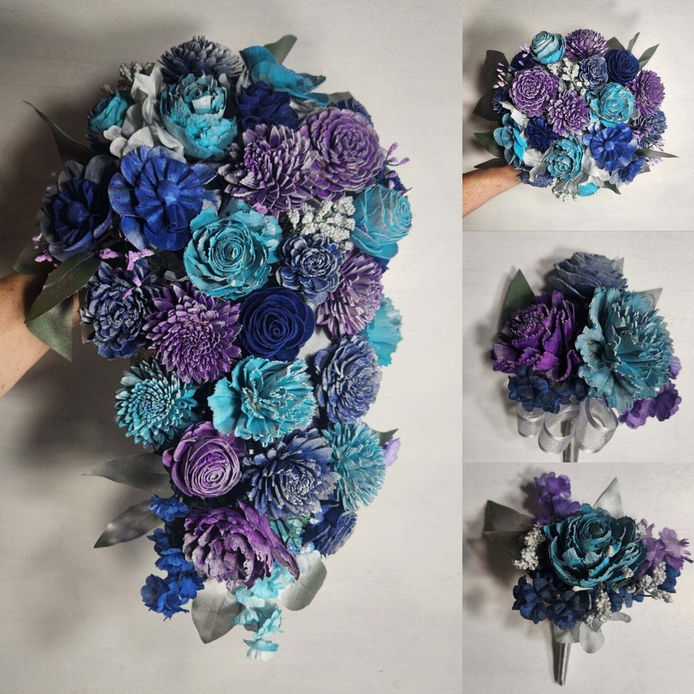 Royal Blue Purple Turquoise Vintage Sola Wood Bridal Wedding Bouquet Accessories
