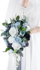 10 Inch Dusty Blue Wedding Bouquets for Bride Artificial Roses Flower Cascading
