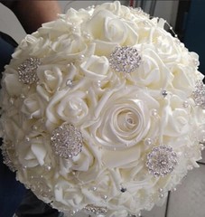 Bouquet Crystal Pearl Silk Roses Bridal Wedding Bouquet Artificial Fake Flowers