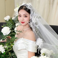 Wedding Veil Flower Feather Short Veil Bride Hair Accessoies White Lace Sheer