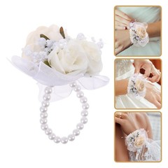 2 Pcs Wedding Corsage Wristlet With Artificial Flowers And Pearl For Bridesmaids