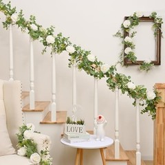 2Pcs 13Ft Artificial Eucalyptus Garlands with Flowers – 8 2 Pcs White Rose