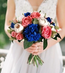 Royal Blue Coral Bridal Bouquet Sola Wood Bridesmaid Flowers Tropical Wedding