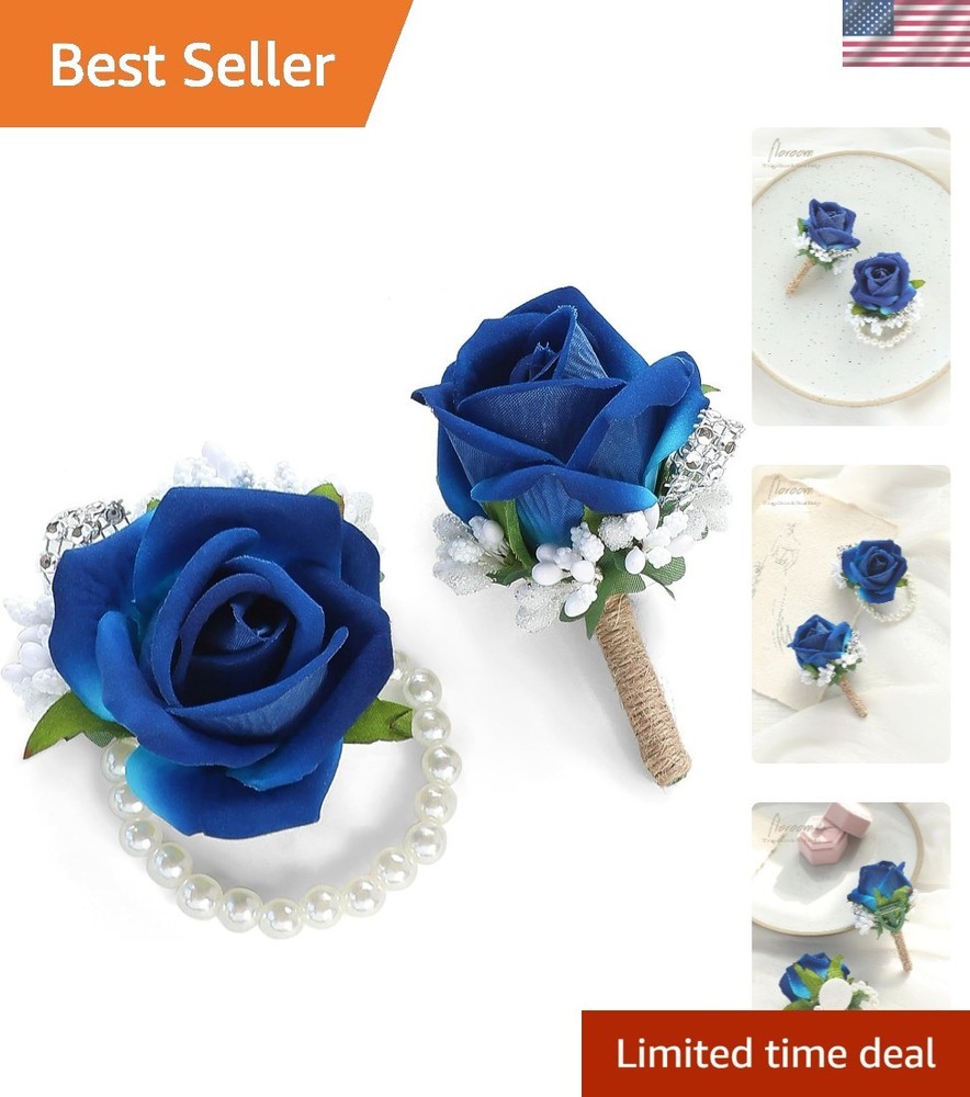 Royal Blue Rose Wrist Corsage Wristlet Band Bracelet and Men Boutonniere Set …