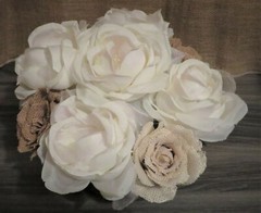 Burlap Roses & White Silk Rose Handmade Arrangement in Metallic Pot
