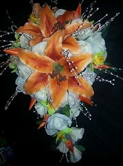 Wedding 23 pc bridal bouquet orange stargazer lily, green orchid white or ivory
