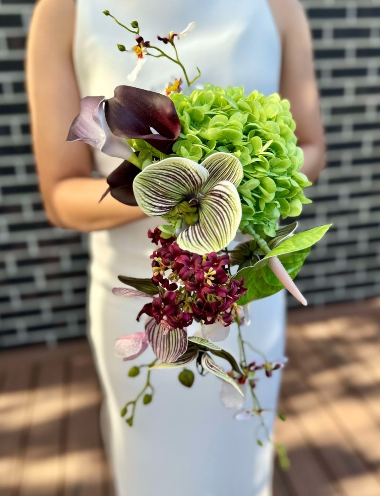 Artificial real touch hydrangea wedding bouquet with orchid, lily, anthurium