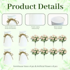 4 Sets Wedding Flower Centerpiece for Tables 4 White Vases & 8 Champaign Roses
