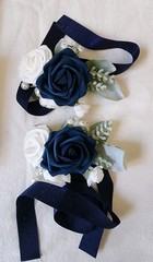 2 PCS Wrist Corsage Wristlet Artificial Roses Wedding Prom Navy Blue & White Tie