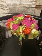 wedding bouquet bridal artificial silk flowers, Mauve, orange and green.