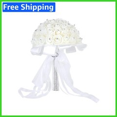 Delicate Rhinestone and Ribbon White-Crystal Bridesmaid Bouquet – 54 Foam Roses