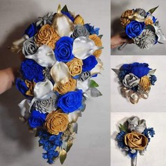 Royal Blue Silver Gold Rose Calla Lily Sola Bridal Wedding Bouquet Accessories