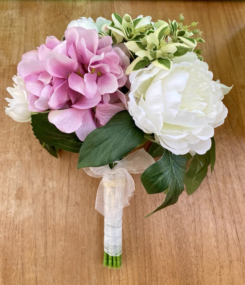 Artificial Wedding Bouquet With White Peonies and Pink Hydrangeas Flowers