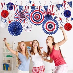 4th of July Patriotic Party Decorations 27 PCS Set, 6 Paper Fan, 6 Flower