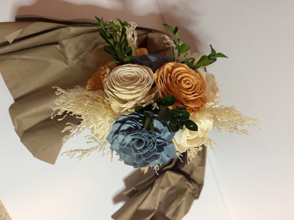 Sola Wood Flowers Dusty Blue And Coral Small Bouquet Wedding