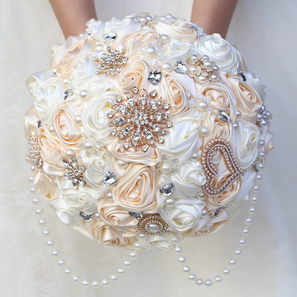 Ivory and Champagne Bridal Wedding Bouquet with Rhinestone Brooch Pearl Strin…