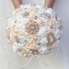 Ivory and Champagne Bridal Wedding Bouquet with Rhinestone Brooch Pearl Strin…