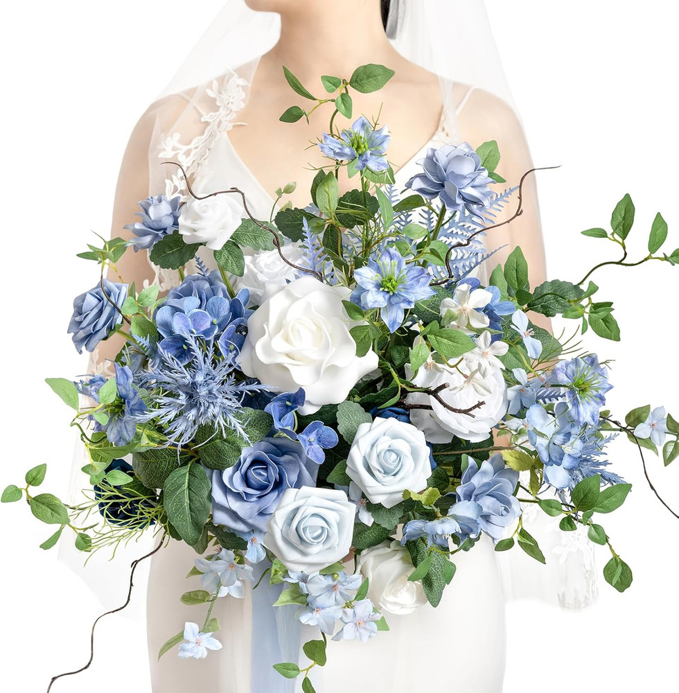 Dusty Blue Wedding Bouquets for Bride, Blue and White Bridal Bouquets for Bride,