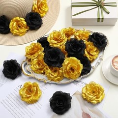 Yunlly 100 Pcs Artificial Flowers – Long Stem Silk Roses – Black & Gold