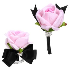 2Pcs Wrist Corsage Boutonnieres Set with Black Ribbon, Light Pink