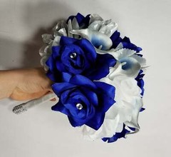 Royal Blue Silver White Rose Calla Lily Bridal Wedding Bouquet Accessories