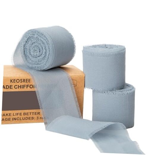 3 Rolls Handmade Chiffon Ribbon,1.5″ x 21Yd Frayed Fringe Silk Dusty Blue