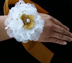 Wedding White Gold Flower Wrist Corsage, Prom, Homecoming, Military Ball,Boda,