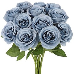 12pcs Roses Artificial Flowers Silk Roses with Long Stems Fake 12PCS Dusty Blue