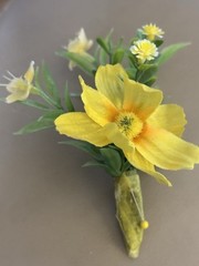 Silk Boutonnière Yellow Flowers & Filler. Yellow Ribbon On Stem Perfect For Prom