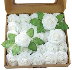 Artificial Flower 50pcs Real Looking Rose Fake Foam Roses with 50Pcs White