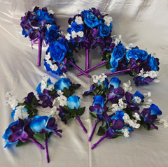 Wedding Bouquet Set, Purple, Blue, White, Roses, Orchids, 17 Piece Wedding Pkg