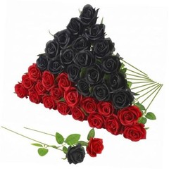 36 Pcs Silk Black Red Rose Bouquet Bridal Artificial Flowers,Fake Black, Red