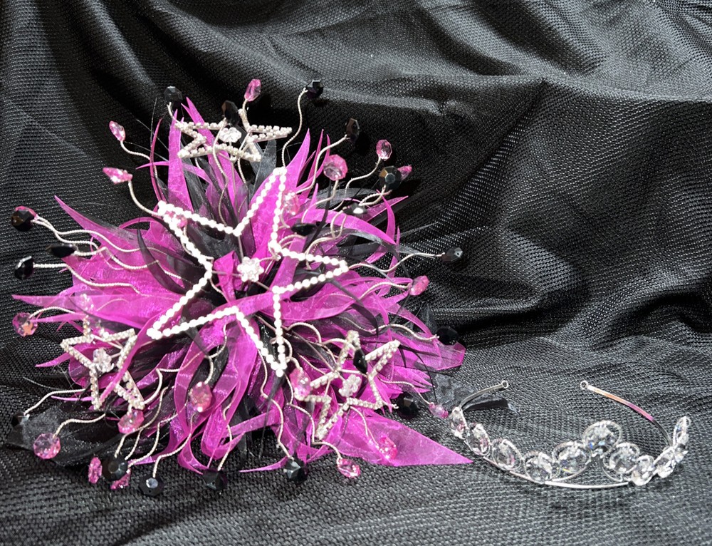 Quinceañera Bouquet Purple / Black/ Rhine Stone Hair Accessory Ramo Quinceañera