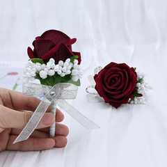 2Pcs Burgundy Rose Corsage and Boutonniere Set, Artificial Wrist Corsage Wristle
