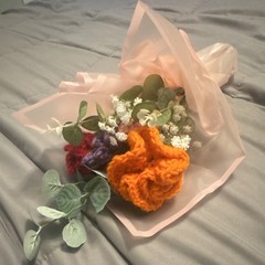 Handmade Crochet Flower Bouquet Arrangement Mixed Colors Greenery Wedding