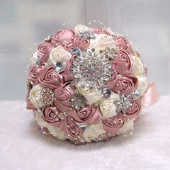 Handmade Luxury Rose Silk Pearls Rhinestone Brooch Wedding Bridal Bouquet Ivory