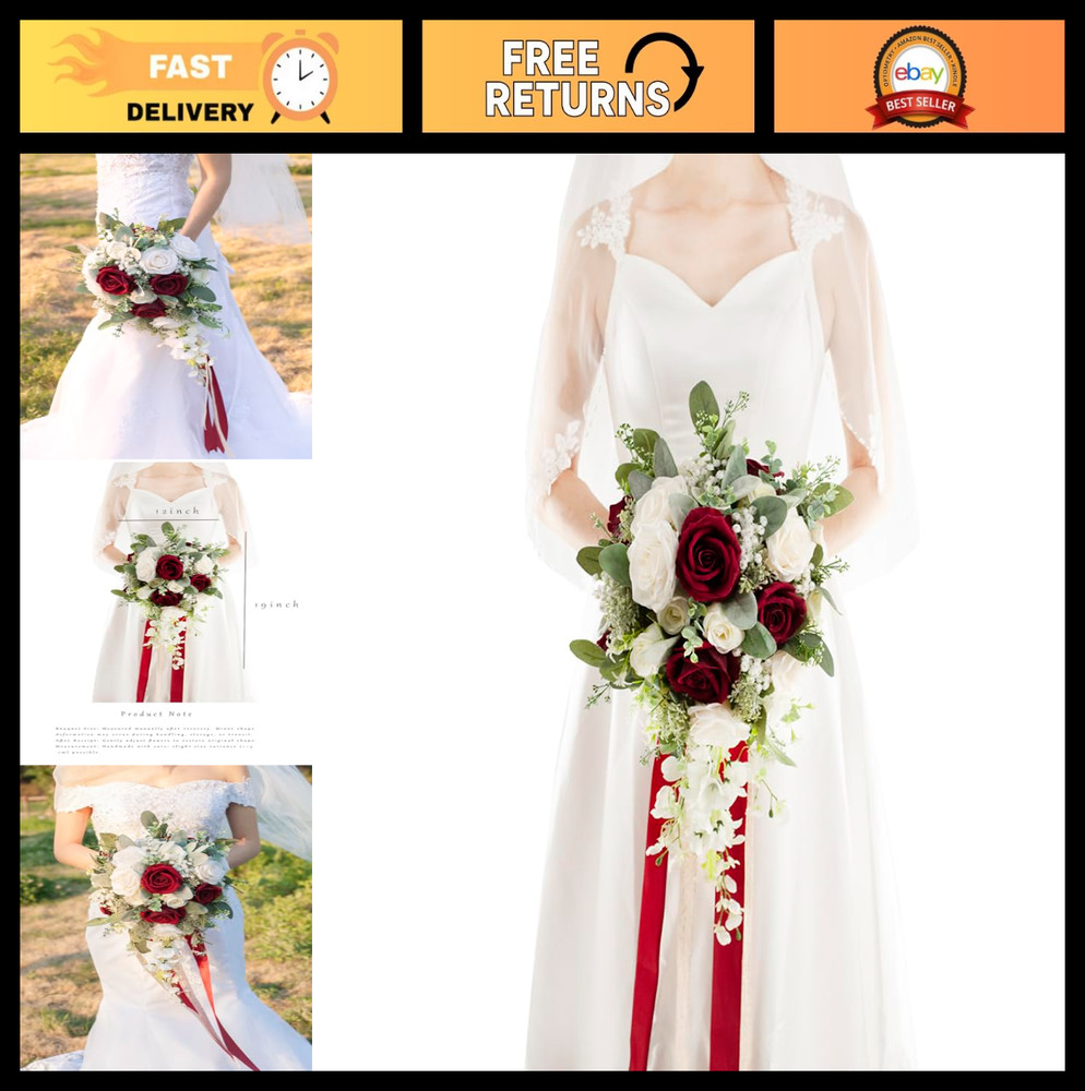 12″ Burgundy & White Cascading Bridal Bouquet – Silk Wedding Flowers for Bride
