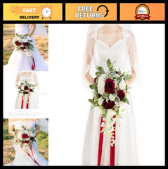 12″ Burgundy & White Cascading Bridal Bouquet – Silk Wedding Flowers for Bride