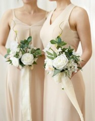 Artificial Flowers White Bridesmaid Bouquet Set of 4, White & Sage Wedding Flowe