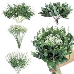 120 Pcs 4 Kinds Mixed Eucalyptus Greenery Stems,Artificial Baby Breath Bulk