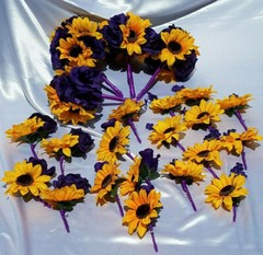 24 Pc Wedding Bouquet Set, Purple Rose, Yellow Sunflowers, Bouquet Package
