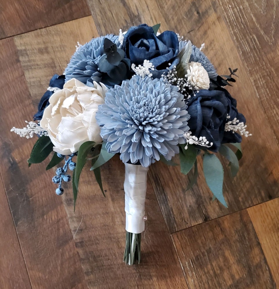 Dusty Blue Navy Bridal Bouquet Sola Wood Bridesmaid Wedding Artificial Flowers