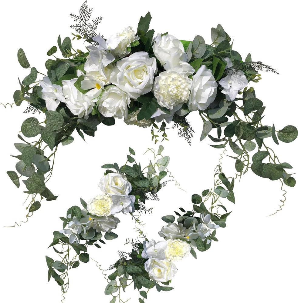 Wedding Arch Flowers,3Pcs Set White Rose Decorative Floral Swags, Artificial Gre