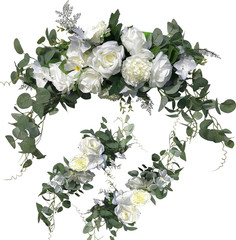 Wedding Arch Flowers,3Pcs Set White Rose Decorative Floral Swags, Artificial Gre