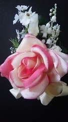 CORSAGE>PINK FUCHSIA IVORY>ROSES/LILY OF THE VALLEY/ORCHIDS>IVORY/PINK RIBBONS