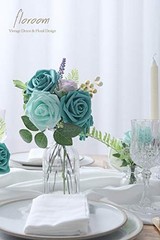 Artificial Flowers 50pcs Real Looking Foam Fake Roses with 50Pcs Teal Green